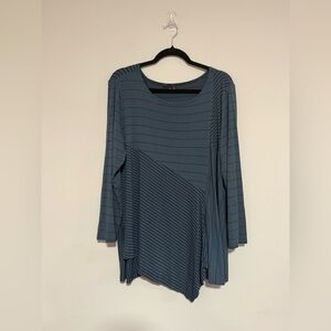 Lisa Bayne Blue Striped Asymmetrical Blue Tunic Top Size XL Artsy Lagenlook